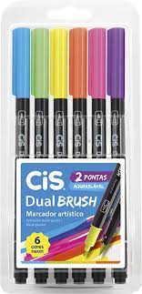 CANETA DUAL BRUSH CIS 6 CORES TONS NEON