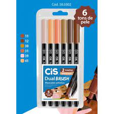 CANETA DUAL BRUSH CIS 6 CORES TONS PELE