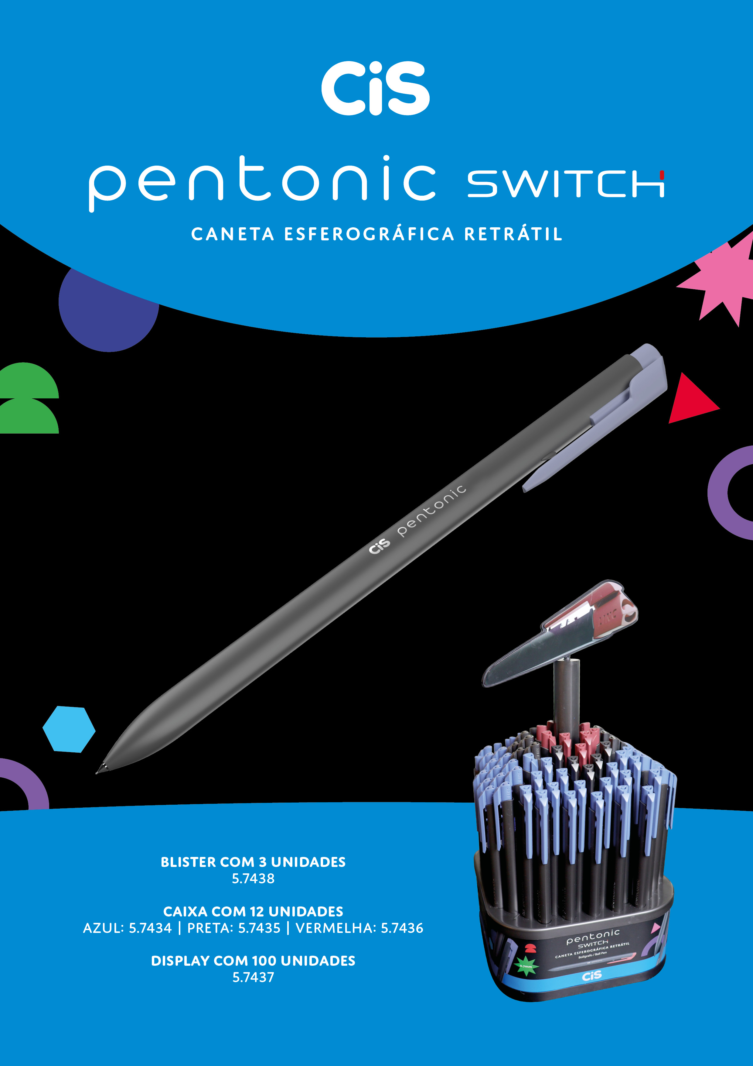 CANETA PENTONIC SWITCH 0,7 CIS C/3 AZ/PT/VM