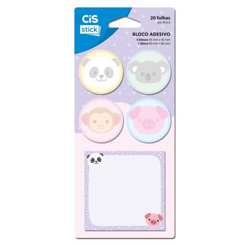 BLOCO ADESIVO 5 MODELOS C/20 STICKY NOTES ANIMAIS